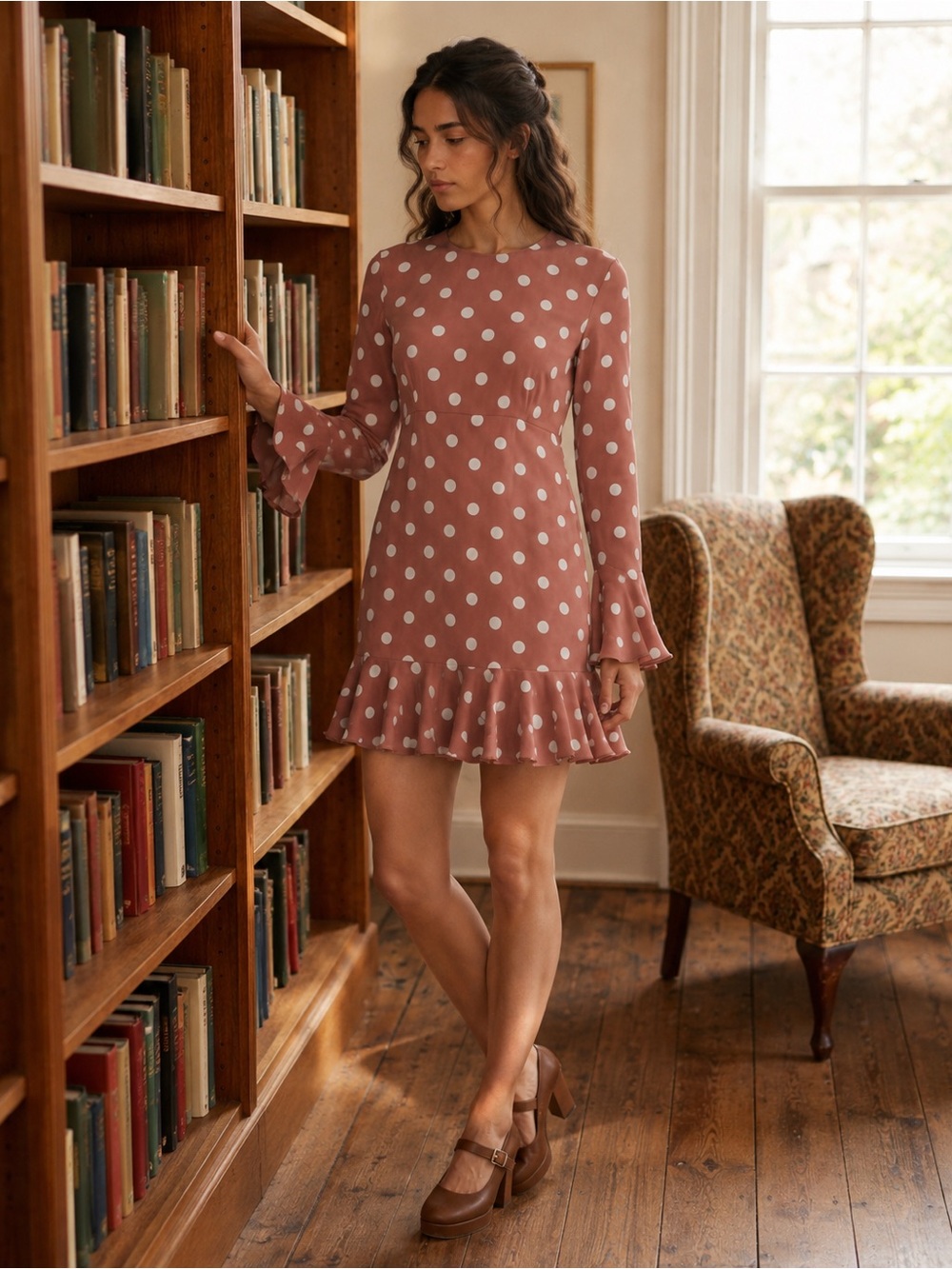Polka‎ Dot Modest BabyDoll Dress in Vintage Rose Medium